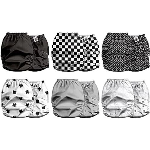 Mama Koala 2.0 Cloth Diapers for Babies with AWJ Lining, 6 Pack with 6 Bamboo Cloth Diaper Inserts - Reusable and Washable Pocket Diapers (B&W)