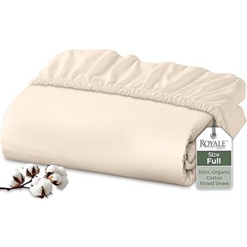 Royale Linens 100% Organic Cotton Fitted Sheet - Percale Weave - Super Soft Deep Pocket Bottom Sheets - White Elastic Sheet Full Size - Full Fitted Sheets Only - (54"x75"+15", Cream)
