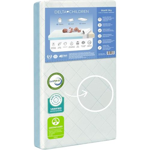 Delta Children Starlit Sky 2-Stage Crib and Toddler Mattress for Infants & Toddlers - Removable Machine Washable Mattress Cover - Waterproof - GREENGUARD Gold - Made in USA, Blue