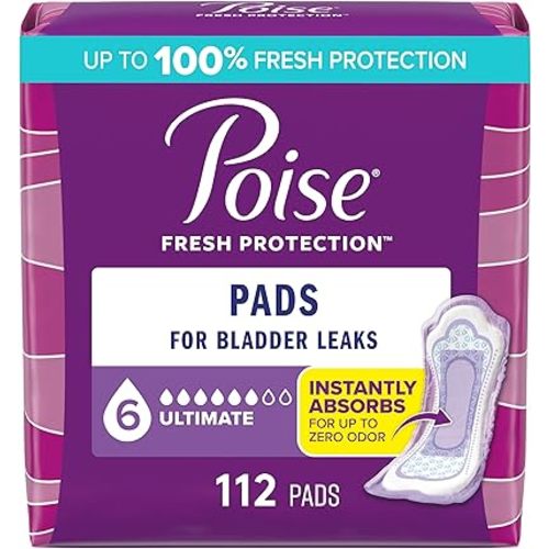 Poise Incontinence & Postpartum Pads for Bladder Leaks, 6 Drop Ultimate Absorbency, Regular Length, 112 Count, Packaging May Vary