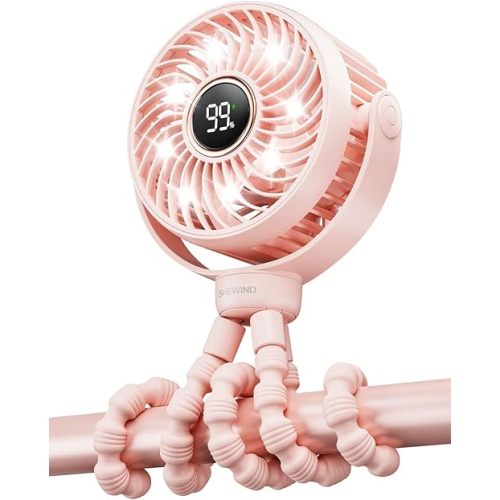 Stroller Fan, 4000mAh Portable Battery Operated Smal Clip on Fan, 4 Speed Rechargeable Mini Personal Cooling, Travel for Baby Car Seat Crib(Pink)