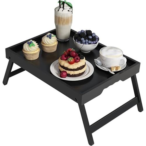 Bed Tray Table with Folding Legs,Bamboo Breakfast in Bed for Kitchen Serving Tray,Sofa,Used As Laptop Desk Snack Breakfast Tray (Black, Large)