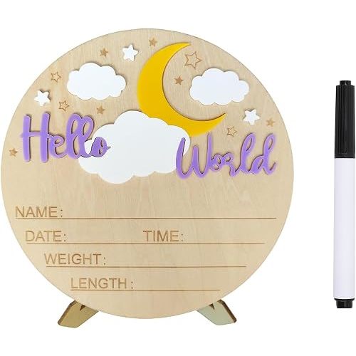 Baby Announcement Sign, 5.9 Inch Wooden Hello World Newborn Signs, Birth Announcement Sign, Moon Cloud Stars Decoration, Welcome Newborn Arrival To World, Hospital Nursery for Baby (Purple)