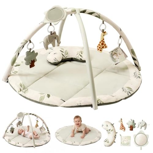Gimnasio de Juego y Tapete de Actividades para Bebés, Tapete para Tiempo Boca Abajo con 5 Juguetes Desmontables y Almohada, Tapete de Juego Sensorial Grande para el Suelo, Elementos
