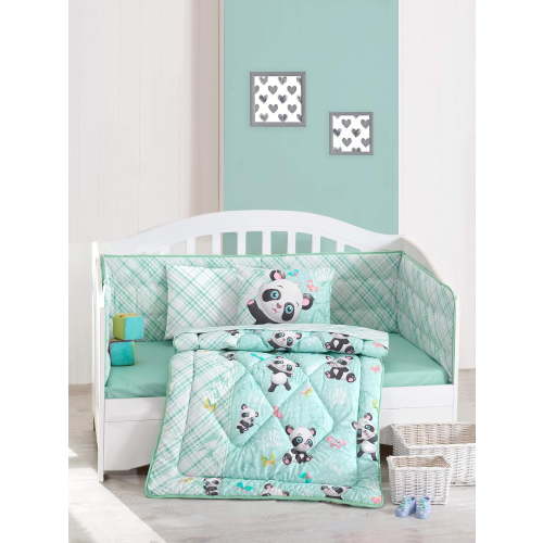Baby Boys Bedding Set, 6 Pieces Crib Set - 100% Cotton Comforter, Quilt, Sheet, Pillowcases (Mint Panda)