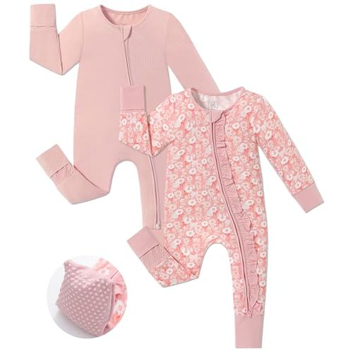 JunNeng Baby Girl Viscose from Bamboo Sleeper with Mitten Cuffs, 2 Way Zipper Romper, Sleep N' Play Pajamas 0-18 Months