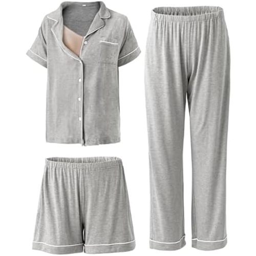 Rnxrbb 3 PCS Women Maternity Pajamas Set Nursing Postpartum Breastfeeding Pjs Sleepwear Lounger Clothes Button Down
