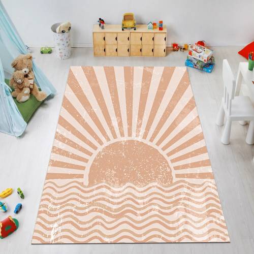 Sunset Nursery Rug, Boho Kids Room Decor, Non-Slip Cotton Mat