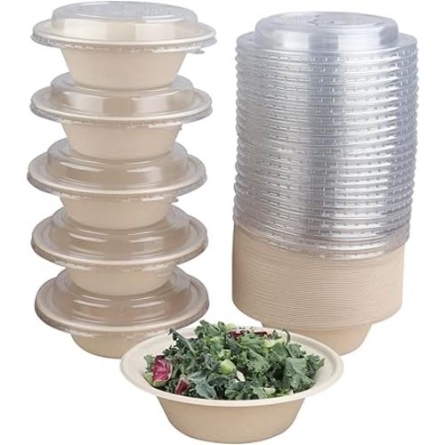 JAYEEY 12 oz Round Disposable salad bowls with lids, Sugarcane Fiber Paper Bowls Plant Fibers Freezer Safe 50 Pack