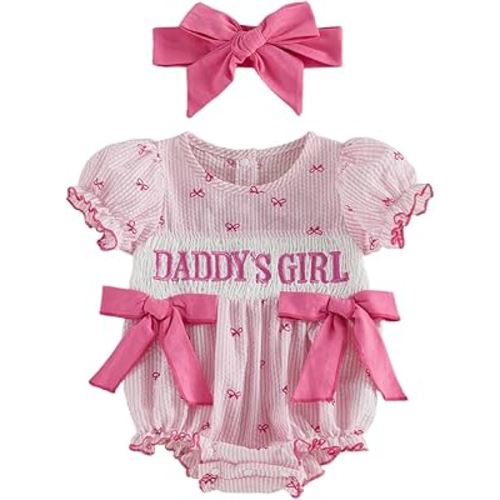 Yuufuniy Newborn Baby Girl Summer Clothes Love Mom/Dad Doll Collar Bubble Romper Short Sleeve Onesie Somcked Baby Outfit