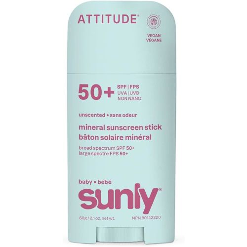 ATTITUDE Baby Mineral Sunscreen Stick SPF 50, Broad Spectrum Zinc Oxide, EWG Verified, Non-Nano, Mess-Free Stick for Face & Body, Lightweight Non-Greasy, Vegan, Unscented, 2 Oz