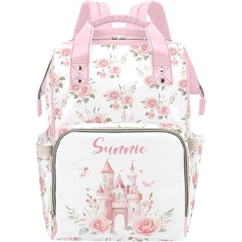 Custom Diaper Bag Backpack for Women, Personalized Name Nursing Mommy Daypack, Diaper Bag for Girls Boys, New Mom Gifts (Castle Pink)
