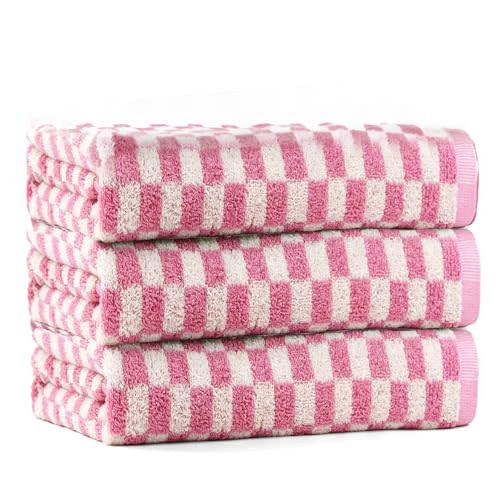 Checkered Bath Towels Set of 3, 100% Cotton Bath Towels Large, 600GSM, 55 * 28 in, Luxury Shower Towels for Bathroom, Soft Absorbent Quick-Dry（Pink）