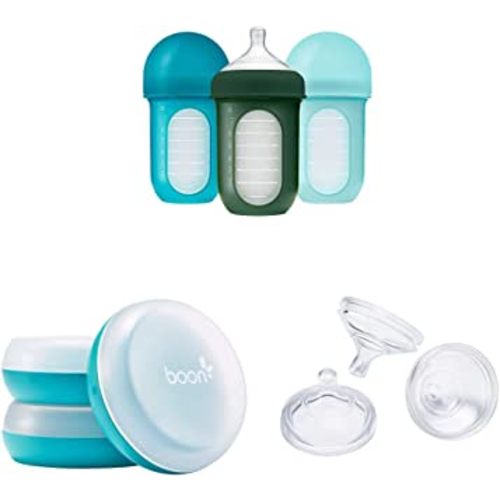 Boon NURSH Reusable Silicone Baby Bottles & NURSH Storage Buns (Pack of 3), Blue-White,3 Count (Pack of 1) & NURSH Silicone Replacement Nipple (Pack of 3)
