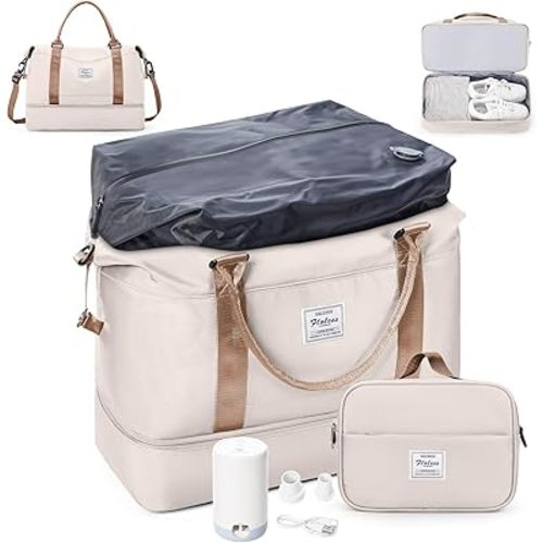Overnight Weekender Bags for Women,Vacuum Travel Duffel Bag with Air Pump, Personal Item Travel Bag with Shoes Compartment & Compression Pocket,Beige & Brown