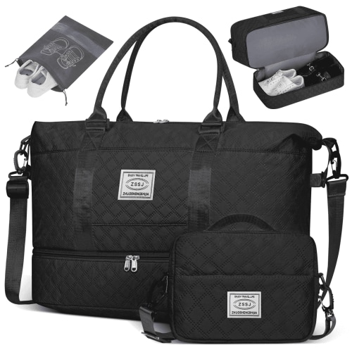 Travel Bag with Shoes Compartment, 40L Weekender Overnight Duffel Bag with Toiletry Bag and Shoes Bag, Gym Bag for Women with Wet Pocket, Personal Carry On Bag for Women, Travel, Gym, Weekend, Black
