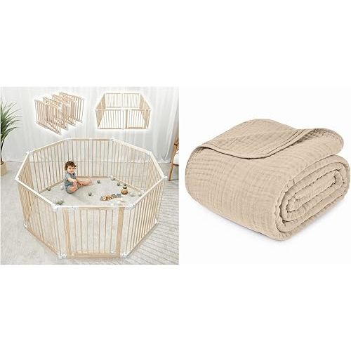 Baby Gate Playpen and Muslin Throw Blanket Bundled by Comfy Cubs