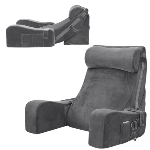 Sasttie 15-25 inch Adjustable Reading Pillow with Armrests, Dark Grey | Back Rest Pillow with Secure Side Straps, Memory Foam Back Support Cushion Bed Chair for Reading, Gaming & Relaxing