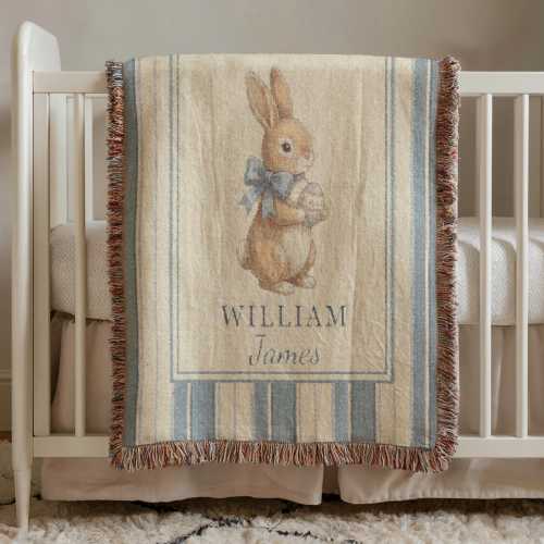Personalized Bunny Baby Woven Blanket, Vintage Bunny Nursery Decor, Custom Name Baby Blanket, Farm Cottage Nursery Gift