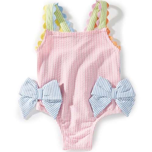 Mud Pie Baby Girls Ric-Rac Straps And Bows Seersucker Swimsuit One Piece