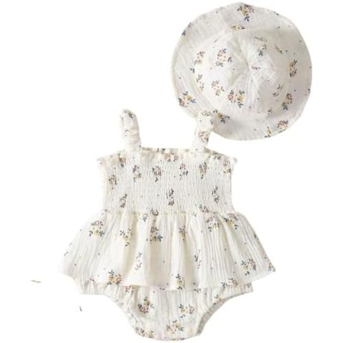 Baby Girl Clothes Summer Dress Cotton Linen Romper Sleeveless Smocked Rompers Sun Dress with Hat Boho Outfits