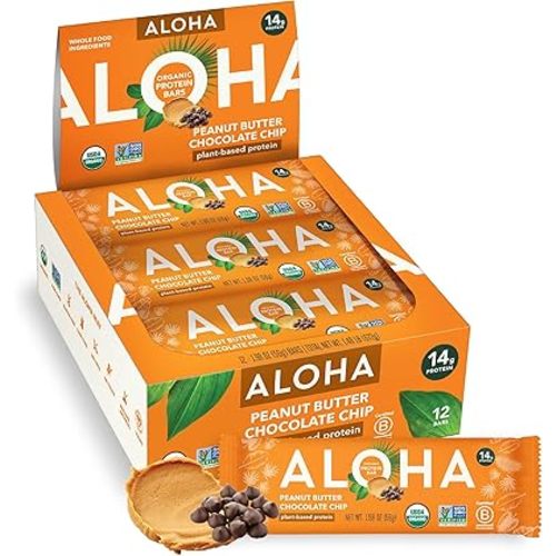 ALOHA Organic Plant Based Protein Bars |Peanut Butter Chocolate Chip | 1.98 Oz (Pack of 12) | Vegan, Low Sugar, Gluten Free, Paleo, Low Carb, Non-GMO, Stevia Free, Soy Free, No Sugar Alcohols