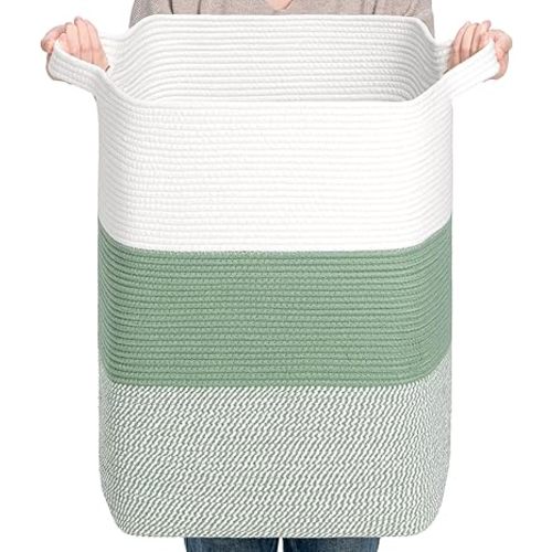 CLHMILY&Z 75L Laundry Basket Rectangular Green Rope - 16x13x22 Inches - Dirty Clothes and Soft Storage Bin for Blankets, Toys, and Nursery Essentials