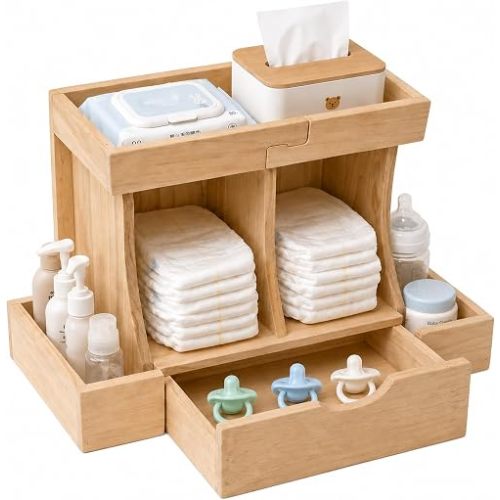 Diaper Organizer with Drawer, Wooden Changing Table Organizer