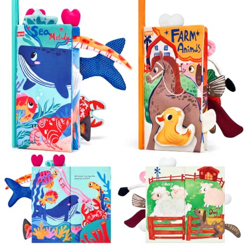 JoyCat Crinkle Books for Babies 2PCS- Tummy Time Toys for Infant Newborn, Soft Sensory Crinkle Cloth Books Touch and Feel for Boys Girls (Ocean+Farm)