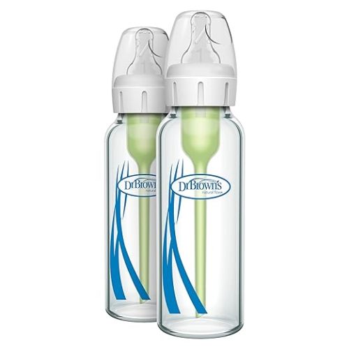 Dr. Brown's Anti-Colic Options+ Narrow Glass Baby Bottle with Level 1 Slow Flow Nipple, BPA-Free, 8 oz/250 mL, 0m+, 2 Count, 1-Pack