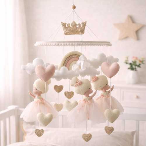 Baby Girl Nursery Mobile, Felt Ballerina Princess Mobile, Pink Gold Crib Decor