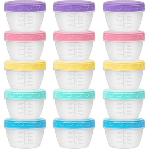 Small Food Containers with Lids for Baby Toddler 4 oz, 15 Pack Easy Open Ultra Thick Reusable Plastic Freezer Kids Food Storage Box for Snack Lunch Daycare School, Measuring, Dishwasher Safe, BPA Free
