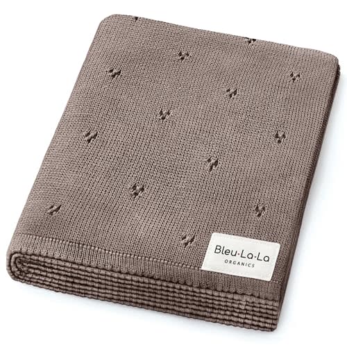 Bleu La La Organic Unisex Pointelle Receiving Swaddle Blanket for Boys & Girls - 100% Luxury Organic Soft Cotton Knit Warm Cozy Cuddle Stroller Blanket for Newborns, Infants, & Toddlers (Mocha)
