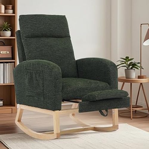 Nursery Rocking Chair with Adjustable Footrest for Living Room - Teddy Fabric, Solid Wooden Legs, Comfortable Lounge Armchair with High Backrest and Side Pockets (Contemporary, Green)