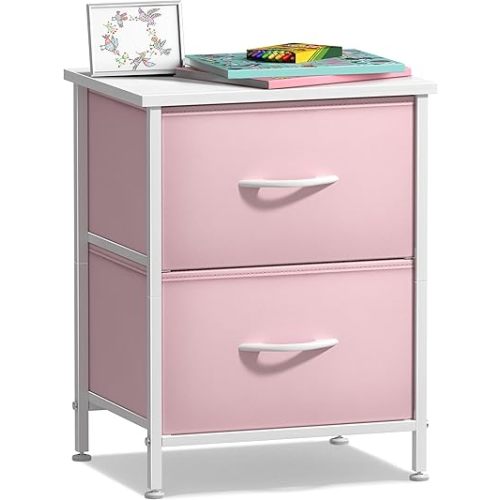 Sorbus Nightstand with 2 Drawers - Kids Bedside Furniture End Table Night Stand - Steel Frame, Wood Top & Easy Pull Fabric Bins - Dresser & Chest for Home, Bedroom Accessories, Office & College Dorm