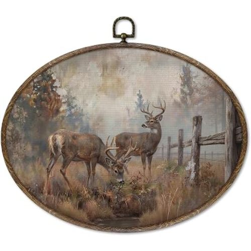 XNXLDYLH Farmhouse Deer Hunting Oval Framed Wall Art Decor, Rustic Cabin Deer Hanging Wall Decor Decorations, Hunting Forest Animal Woodland Landscape Canvas Prints Wall Art Paintings, 8.5x11.5 Inches