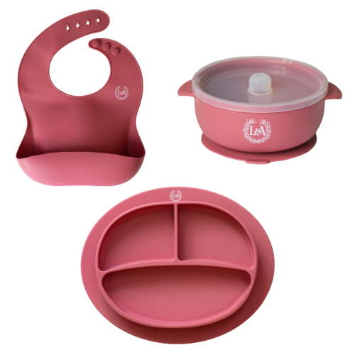 Love and Adore Girl Silicone Feeding Set 4pc-Bib, Bowl, Lid, and Plate-Pink