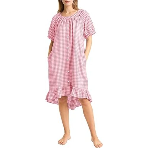 PEHMEA Women's Cotton Gingham Nightgown Short Sleeve Loose Fit Sleepshirt with Pockets Button Down Midi House Dress