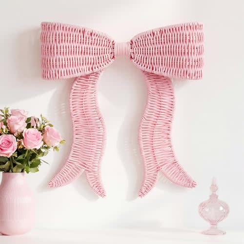 Wesiti Rattan Bow Wall Decor Pink Boho Woven Bow Hanging for Bedroom | Natural Woven, Boho Farmhouse Wall Art for Room Decor, Housewarming Wedding Gift Decorations
