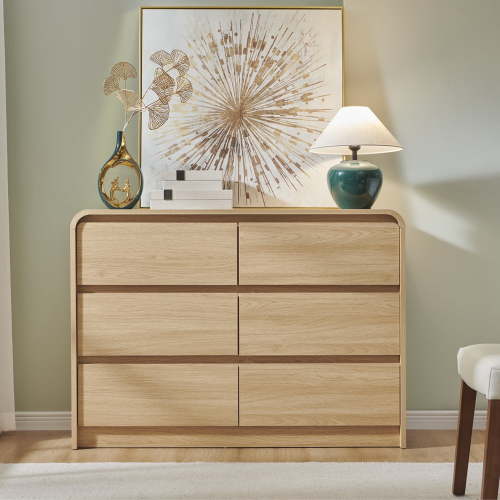 wow97e Modern Dressers for Bedroom, 47" Wide Wooden 6 Drawers & Chests of Drawers w/Curved Profile Design, Mid Century Vertical Dresser w/Natural Texture for Bedroom, Living Room