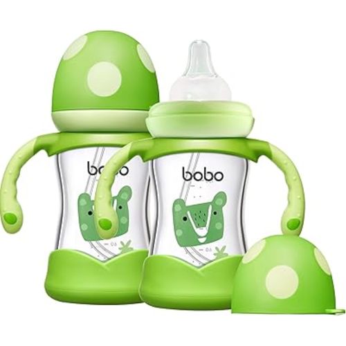 YOHKOH Natural Glass Baby Bottle with Natural Response Nipple, Wide Neck Baby Bottles with Handle, Newborn Anti-Colic Baby Bottles Gift Set, Clear (5.4oz (Pack of 2), Green)
