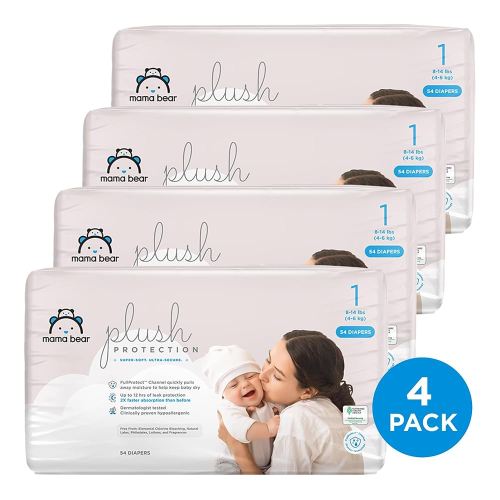 Amazon Brand - Mama Bear Plush Protection Diapers - Size 1, One Month Supply, Hypoallergenic Premium Disposable Baby Diapers, 216 Count (Pack of 4), White and Cloud Dreams