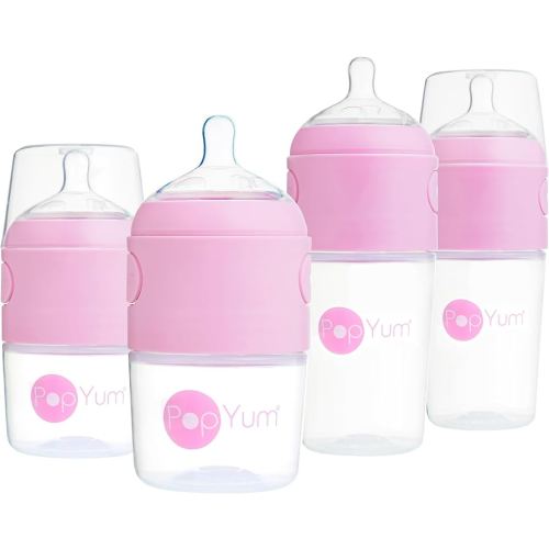 PopYum Pink Formula Making Baby Bottle Starter Set, 4-Pack, 2X 5oz Bottles with #1 Slow Flow Nipples + 2X 9oz Bottles with #2 Medium Flow Nipples, Mixing, Dispenser