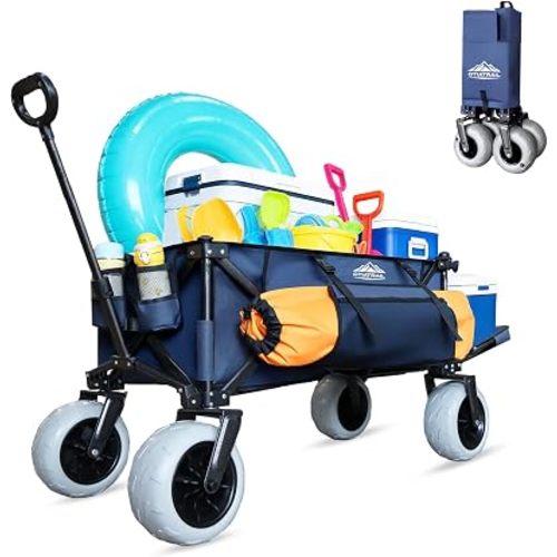300L Foldable Beach Wagon with Tailgate, 9" Flat-Free PU Wheels, Heavy Duty Utility Wagon Cart for Camping, Sports, Shopping, Garden, Outdoor, Navy Blue