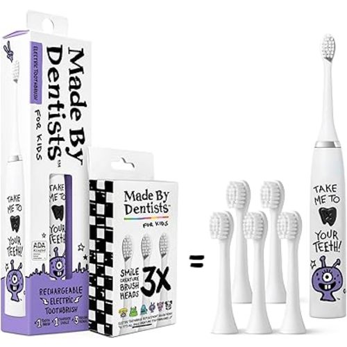 Made by Dentists Kids Electric Toothbrush - Rechargeable Vibrating Toothbrush with Timer, Includes 6 Replacement Heads, Gently Cleans Teeth, Kid & Toddlers Age 2+, Alien