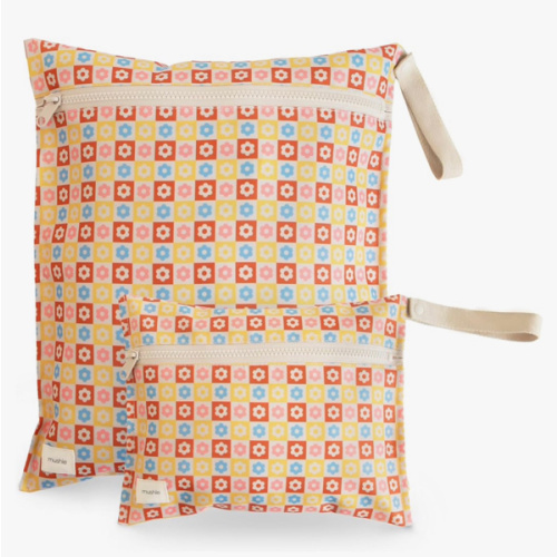 mushie Water Resistant Wet Bags | Large & Small Reusable Storage Bag for Baby Items and Travel | Zippered Pockets with Handle | Machine Washable, Set of 2 (Happy Flowers Check)
