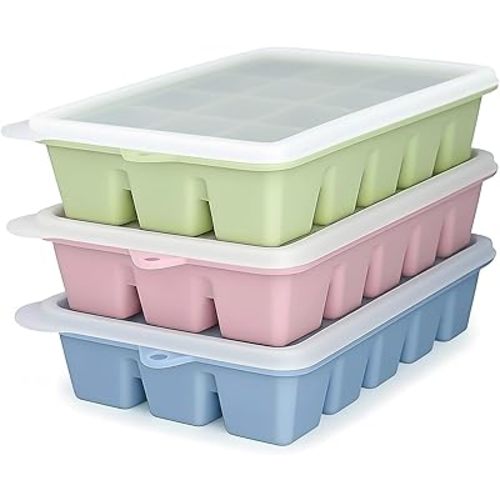 Upgraded Silicone Ice Cube Trays for Freezer with Spill-Proof Lid, Easy Release 1.2'' Ice Cube Molds & Trays for Coffee, Drinks, Cocktail, Whiskey, Baby Food, BPA Free, 3Pack