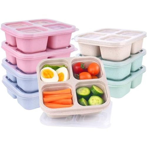 4 Pack Reusable Snack Containers with Lids, 4 Compartments Snack Box Container Bento Box, Divided Lunchable Food Storage Container for Meal Prep, Travel, Work, Microwave, Dishwasher Safe