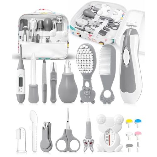 Baby Healthcare and Grooming Kit, Electric Safety Nail Trimmer Baby Nursery Kit, Newborn Care Kits with Hair Brush Comb for Newborn Infant Toddlers Baby Boys Girls Kids, Baby Shower Gifts (Grey)