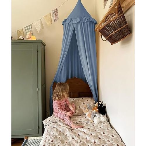 Kids Bed Canopy with Frills Cotton Cover Net for Crib Reading Nook Curtain Hideaway Hanging Round Tent Nursery Bedding Play Room Decor